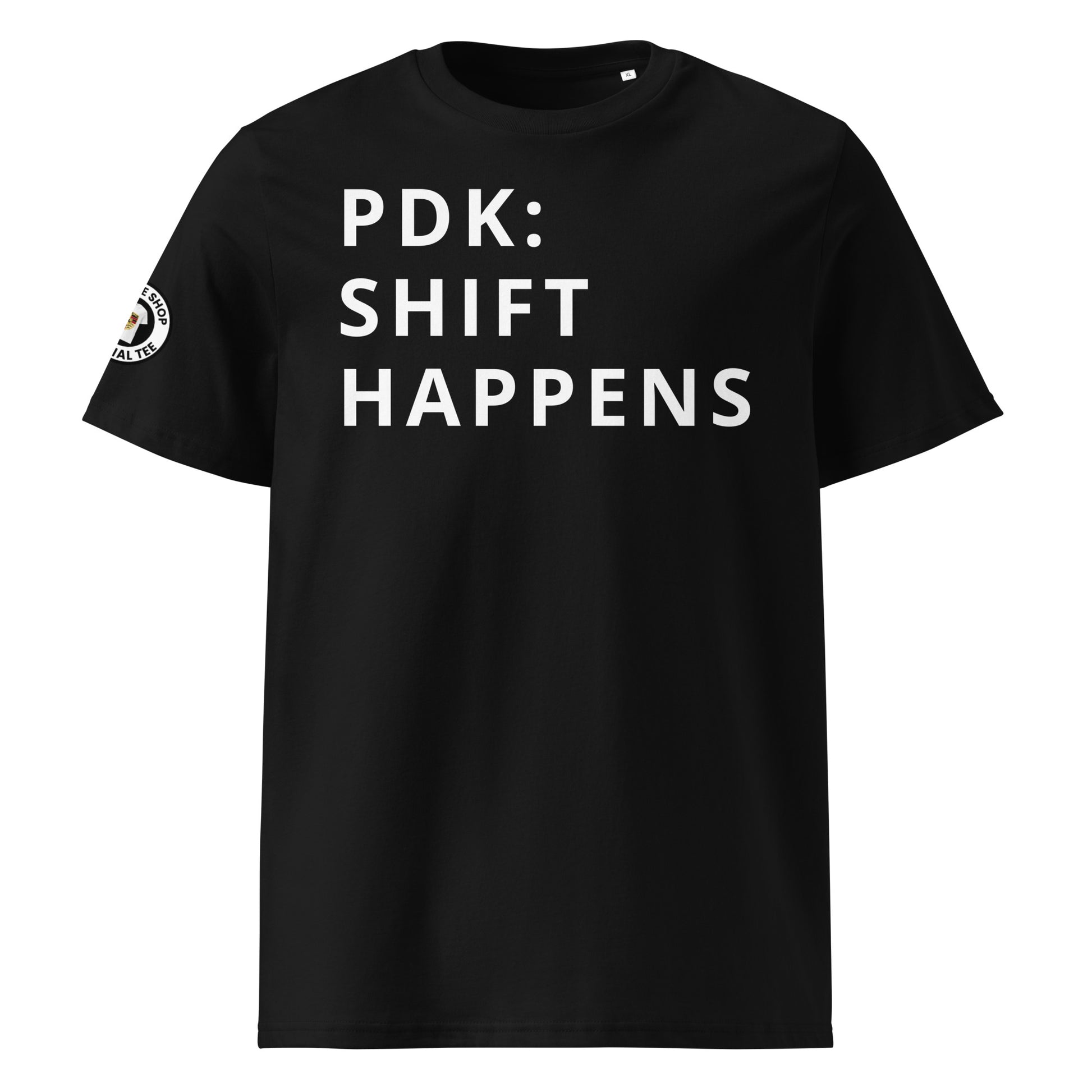 Crisp white "PDK" and "SHIFT HAPPENS" design on the front of the black t-shirt. Ideal for Porsche fans.