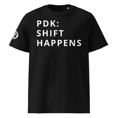 Crisp white "PDK" and "SHIFT HAPPENS" design on the front of the black t-shirt. Ideal for Porsche fans.