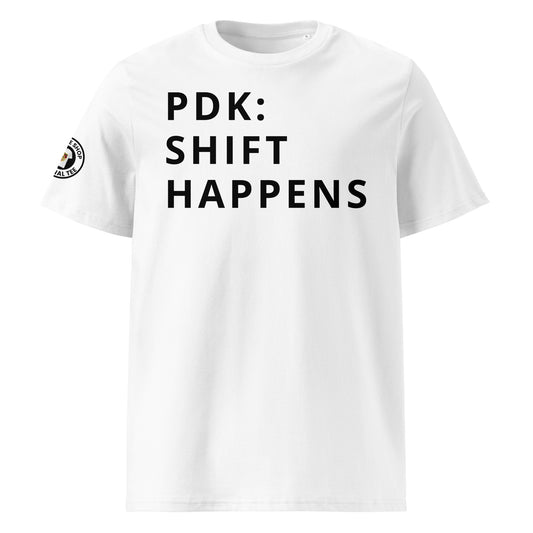 Sharp black "PDK" and "SHIFT HAPPENS" design on the front of the white t-shirt. Perfect for Porsche enthusiasts.