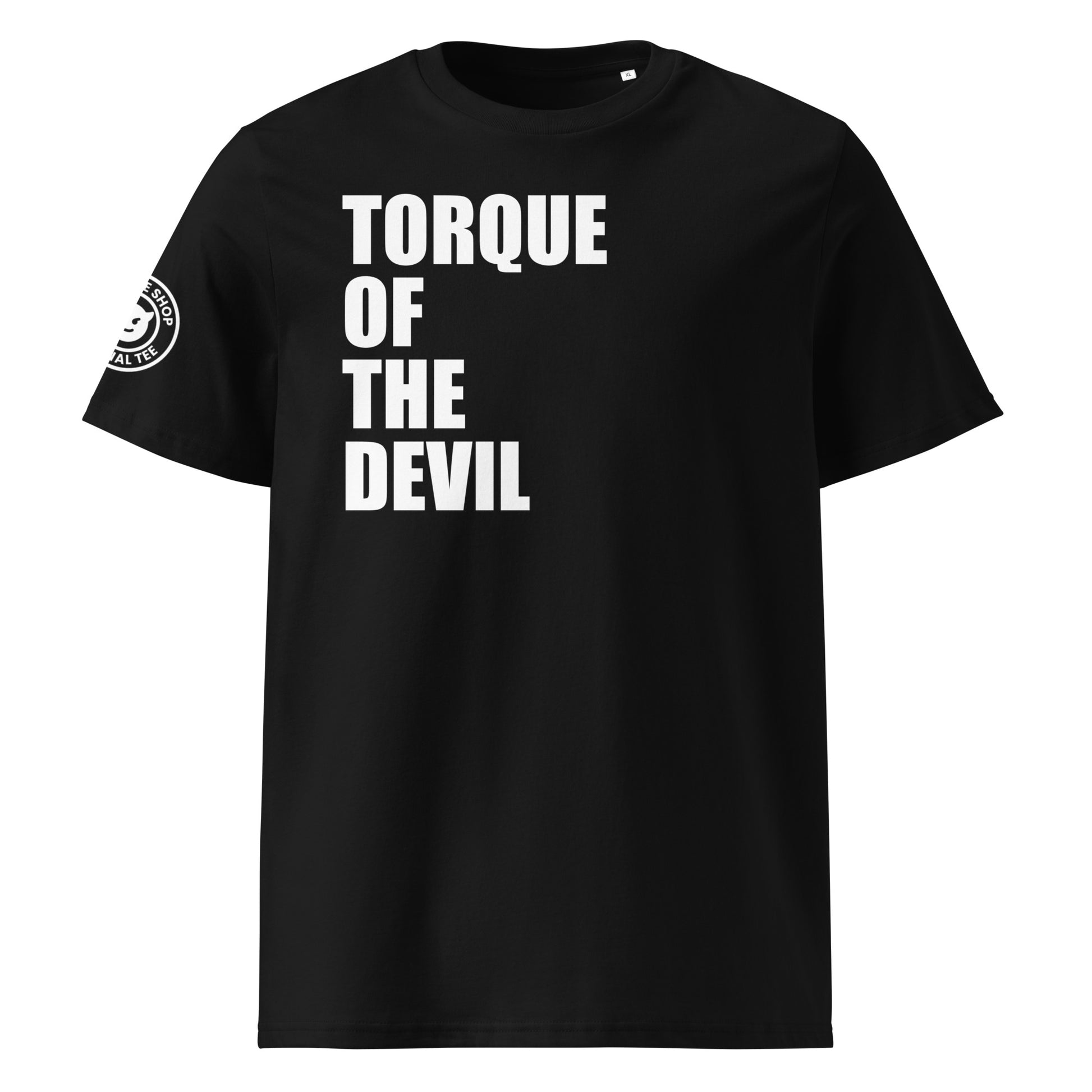 Check out the front view of our Torque of the Devil Black T-Shirt, featuring bold text celebrating high-torque engines with a rebellious spirit.
