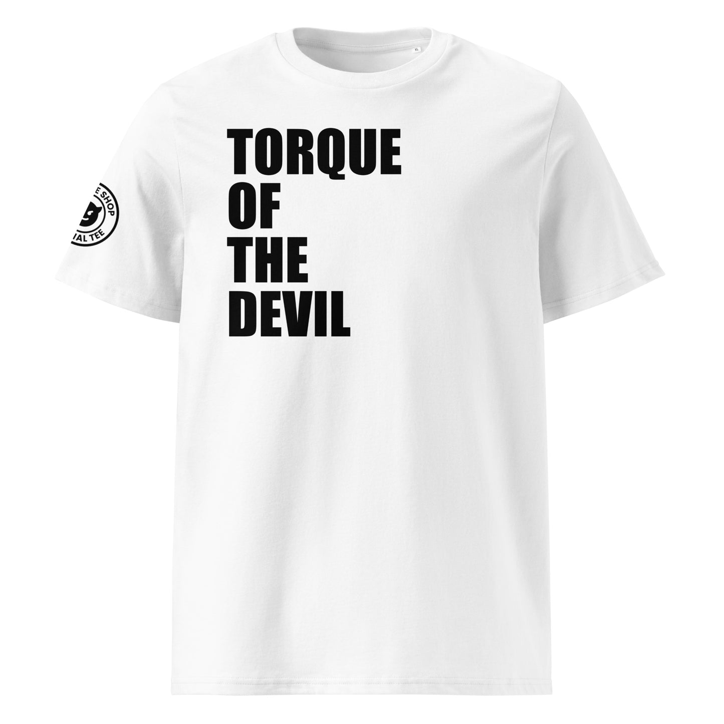 Check out the front view of our Torque of the Devil White T-Shirt, featuring bold text celebrating high-torque engines with a rebellious spirit.