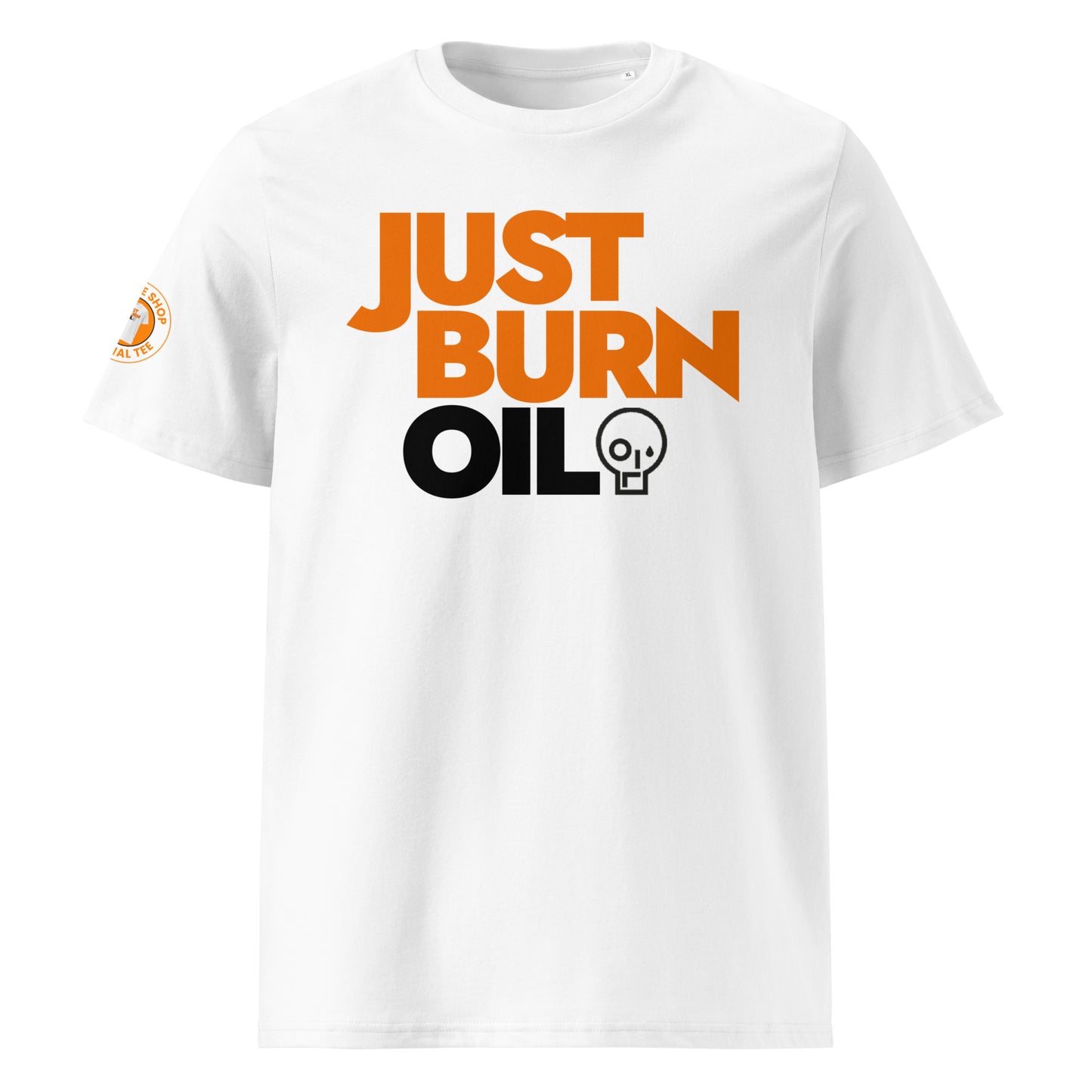 Just Burn Oil white t-shirt with the orange and black logo design.