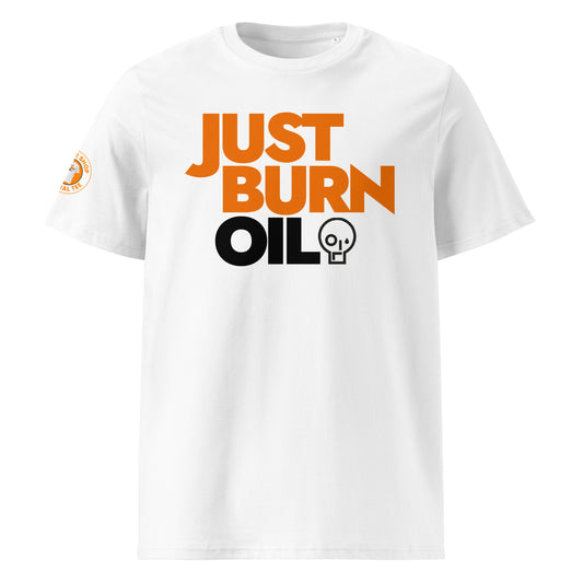 Just Burn Oil white t-shirt with the orange and black logo design.