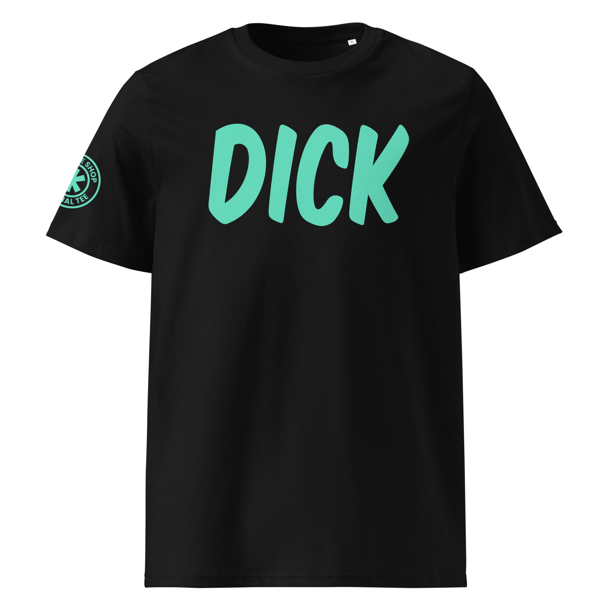 Front view of lack car t-shirt with teal DICK logo on the front.