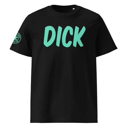 Front view of lack car t-shirt with teal DICK logo on the front.