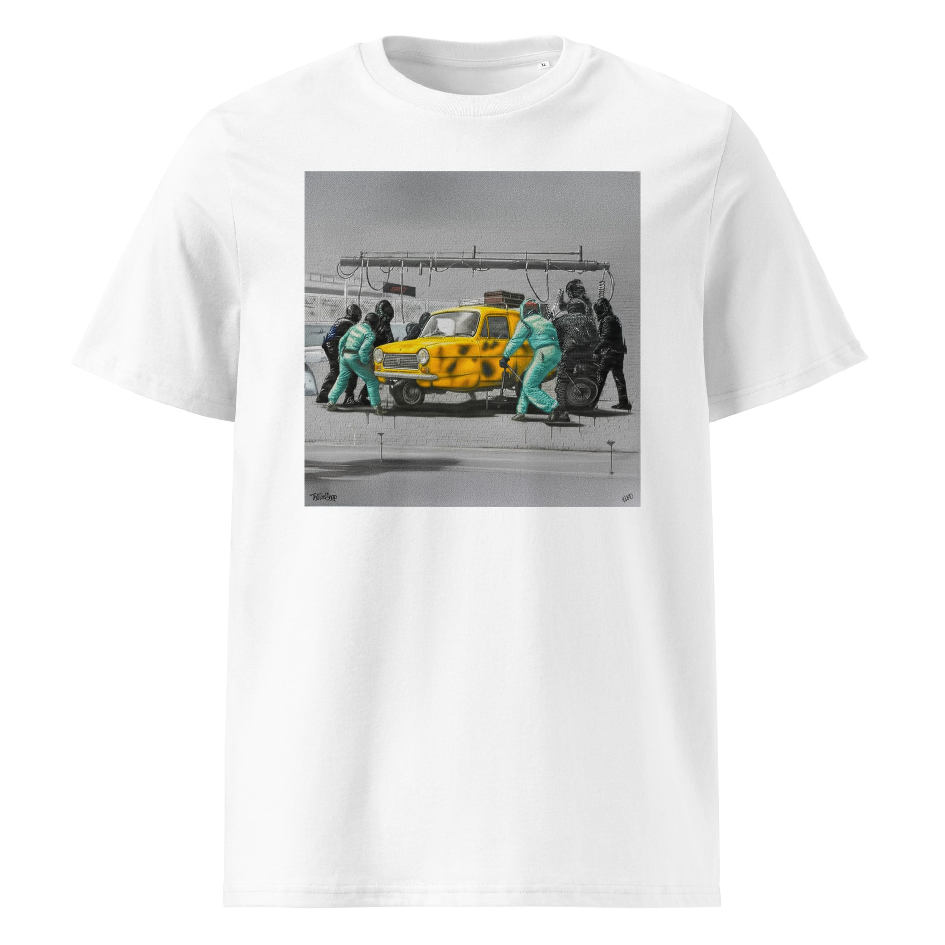 Front view of Only Fools & Horse Power Graffiti white car T-Shirt mockup
