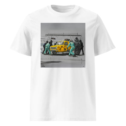 Front view of Only Fools & Horse Power Graffiti white car T-Shirt mockup
