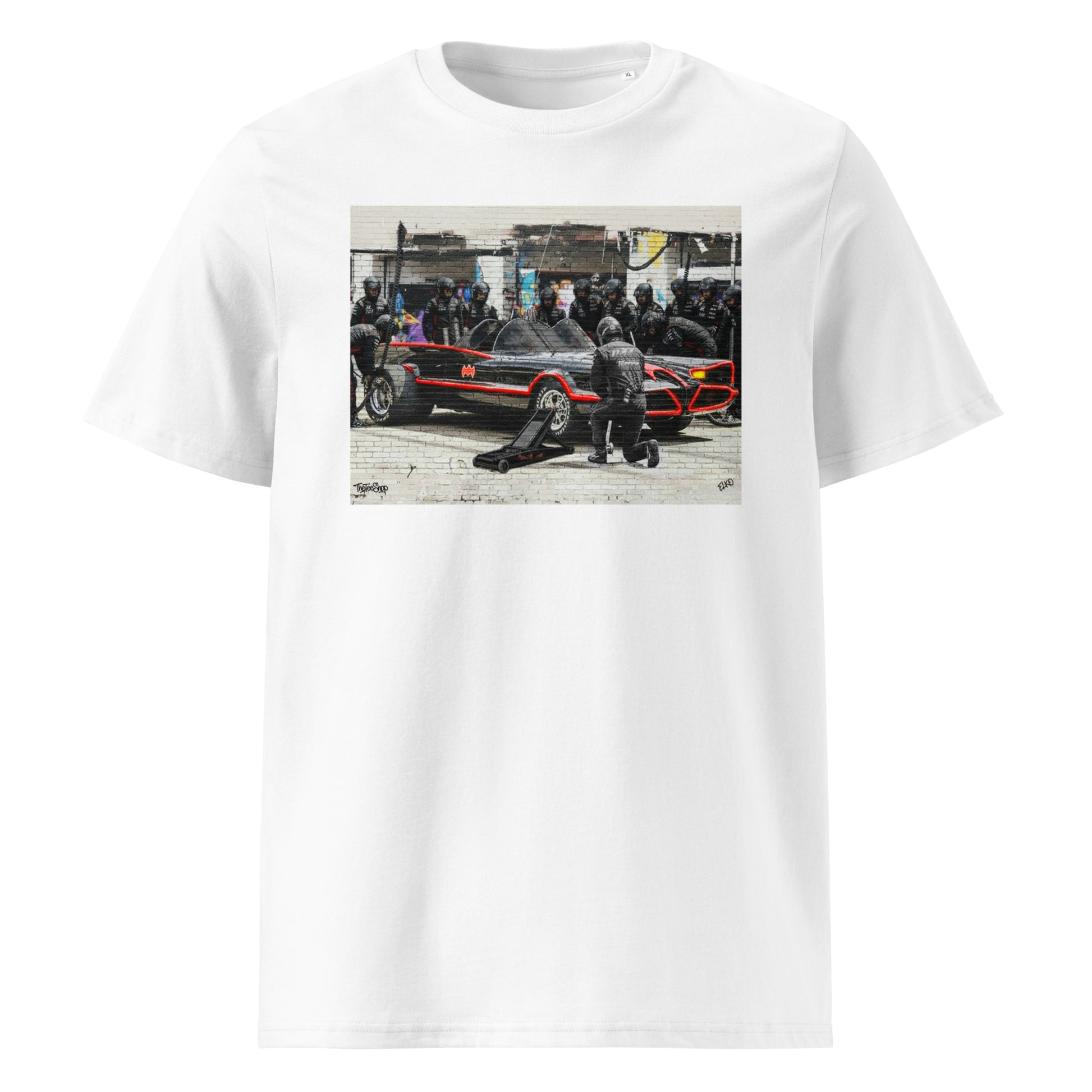 Front view of Bat Stop Graffiti white car T-Shirt mockup.