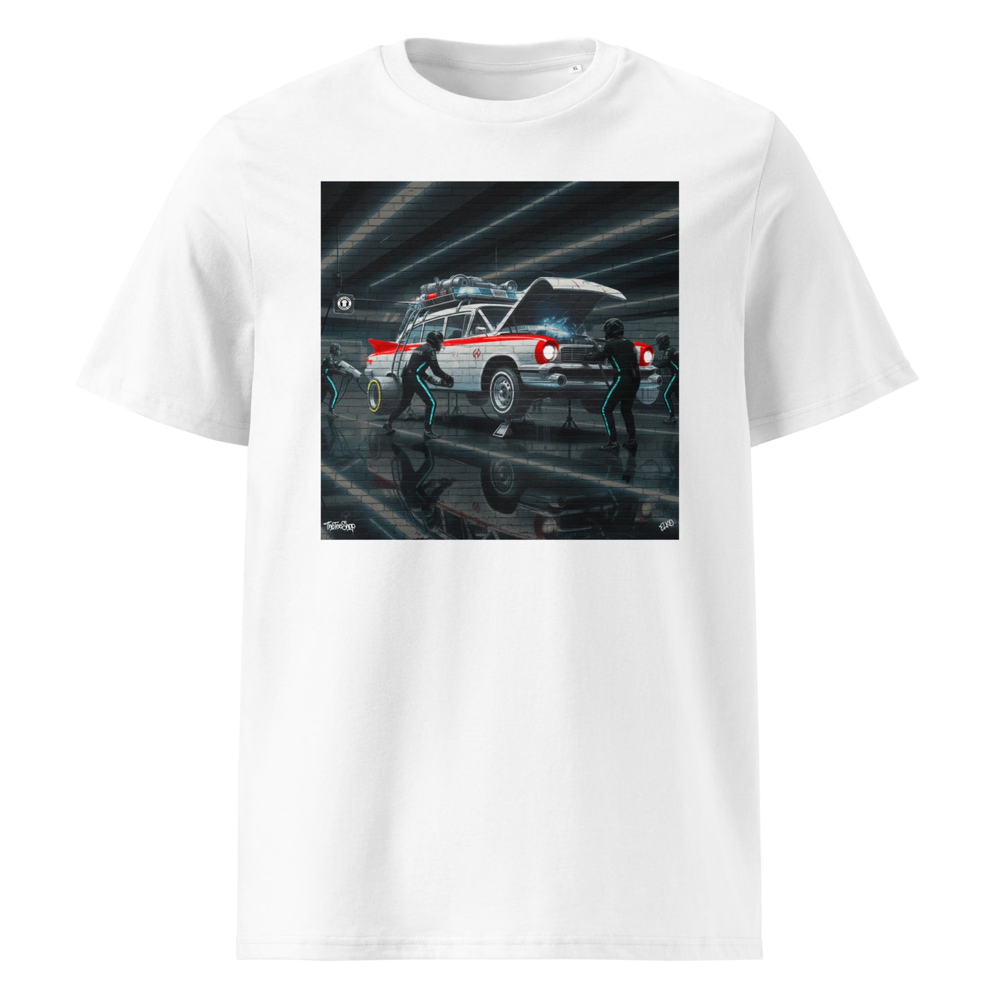 Front view of ECTO 1 Pitstop Car Meet T‑Shirt mockup.