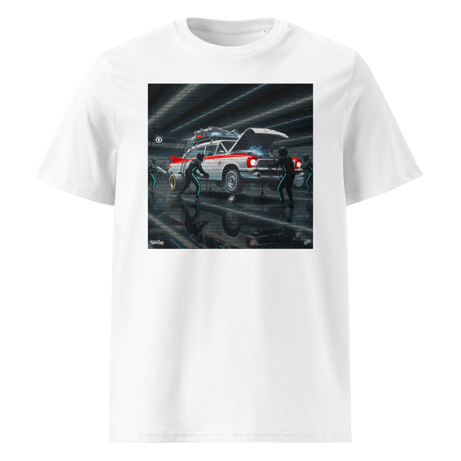 Front view of ECTO 1 Pitstop Car Meet T‑Shirt mockup.