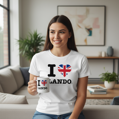 Woman holding a white  'I ❤️ Lando' design mug in a living room.