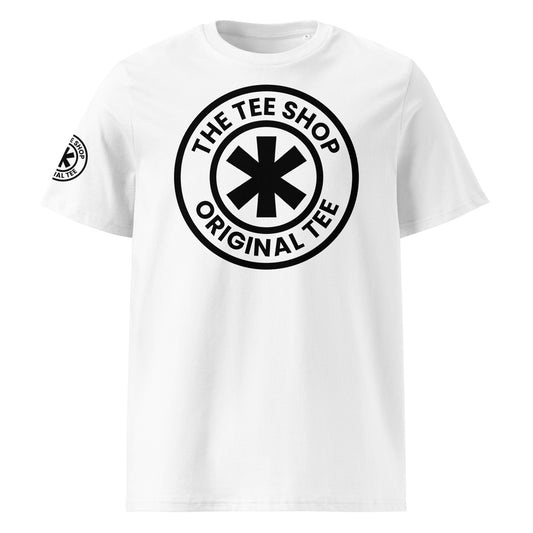 Front View of this crisp black design The Tee Shop Crew T-shirt in white.