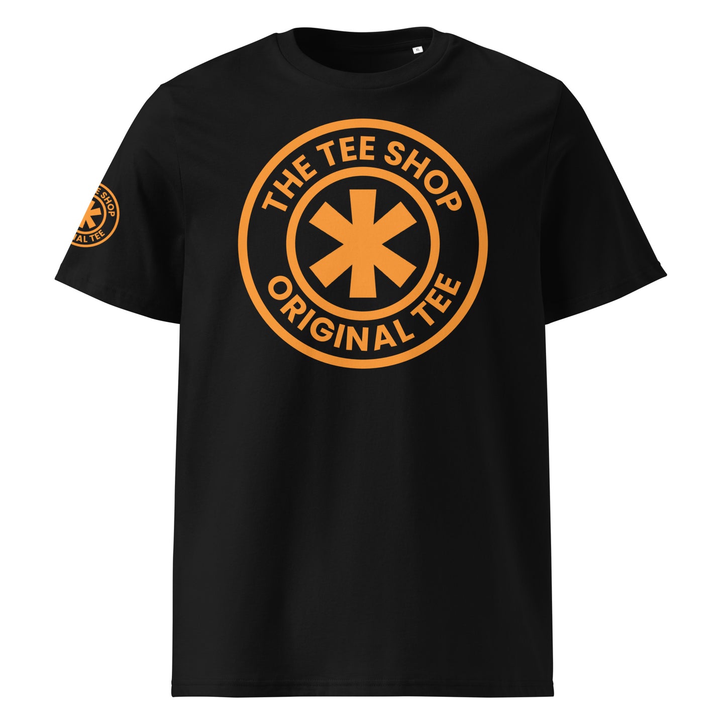 Front view of the black Tee Shop Crew t-shirt with a McLaren Papaya logo.