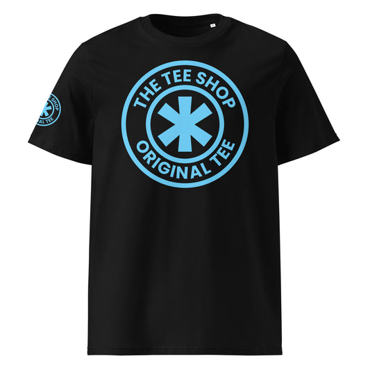 Front view of The Tee Shop Crew t-shirt in black with a Gulf Blue logo.