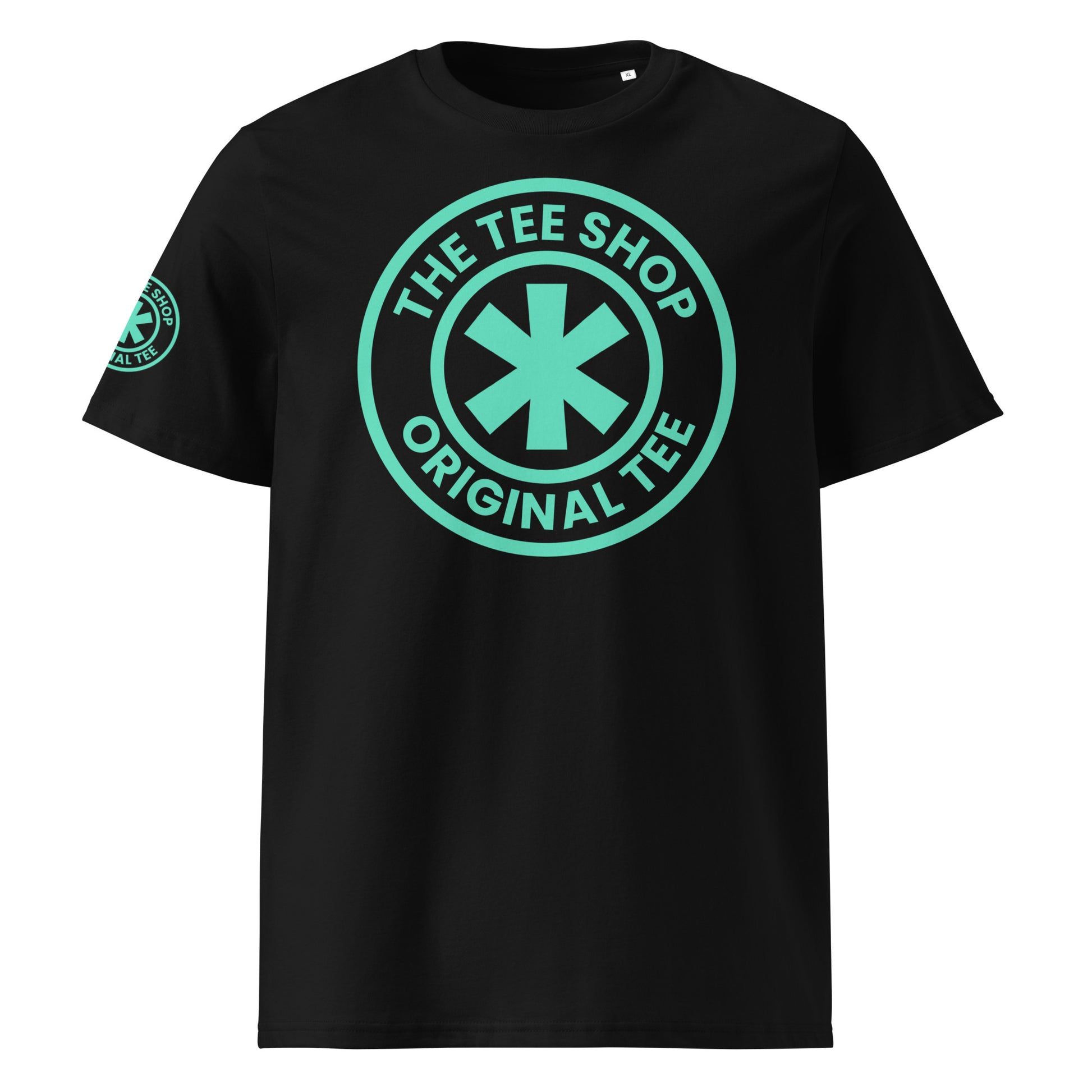 Front view of The Tee Shop Crew t-shirt in black with a Porsche PTS Mint Logo