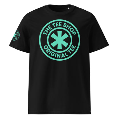 Front view of The Tee Shop Crew t-shirt in black with a Porsche PTS Mint Logo