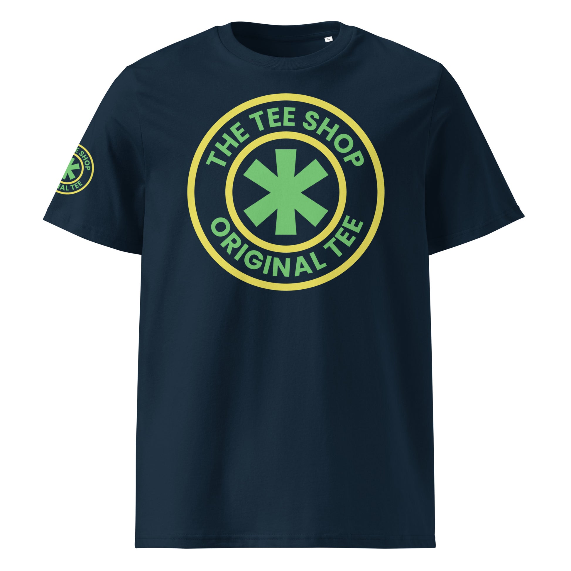 Front view of The Tee Shop Crew t-shirt in navy with a Brazil inspired logo.