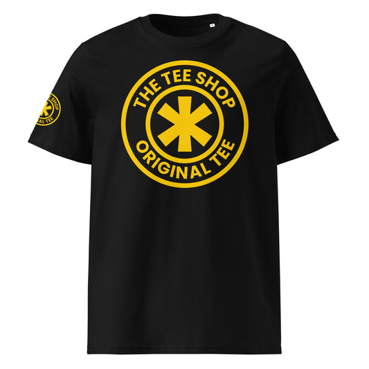 Front view of The Tee Shop Crew T-SHIRT IN BLACK WITH A Red Bull Yellow Logo 
