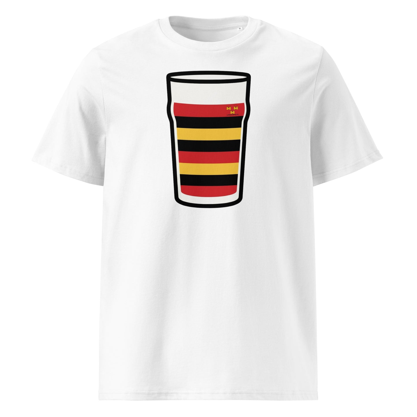 White t-shirt with a large pint graphic in Lansdowne rugby club colours