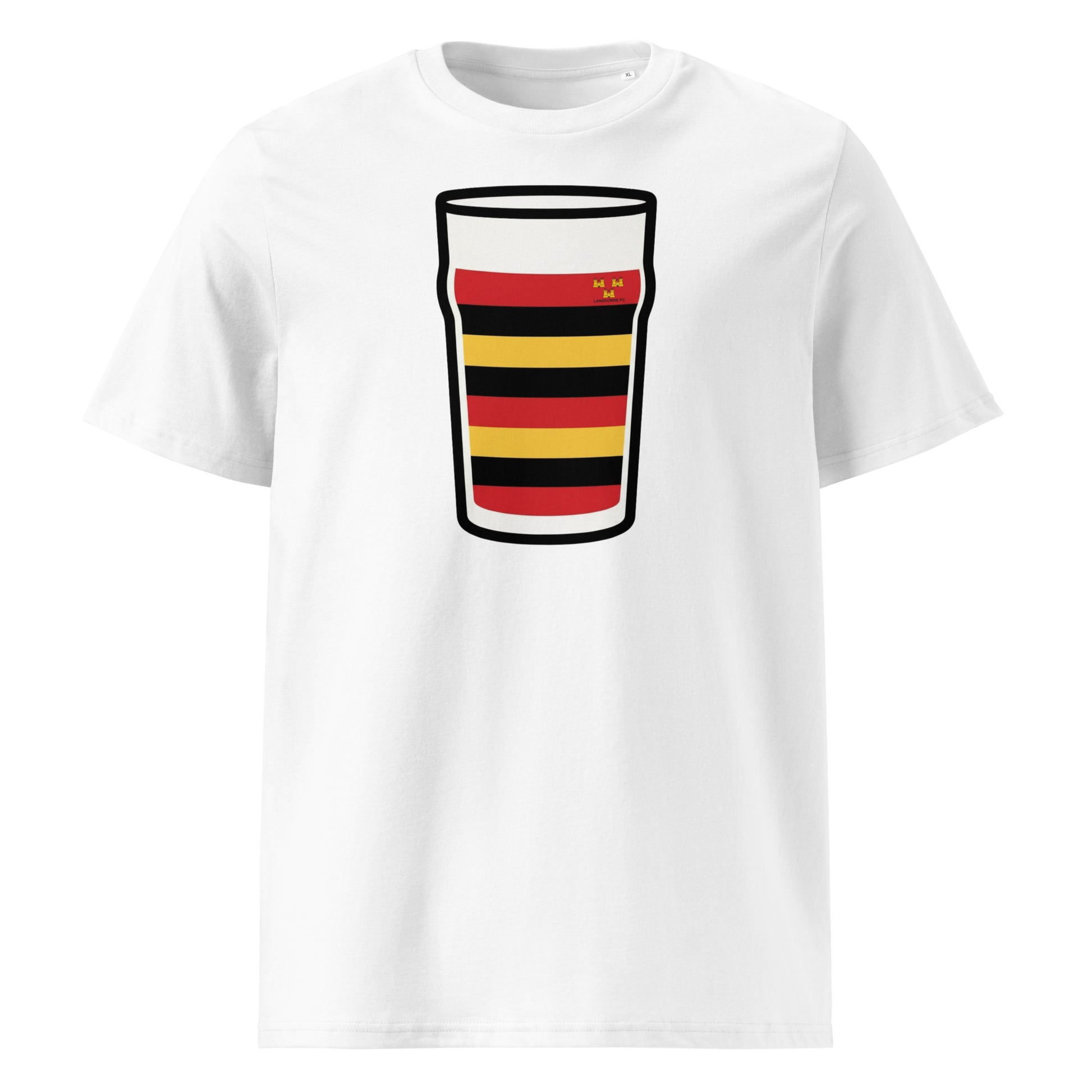 White t-shirt with a large pint graphic in Lansdowne rugby club colours