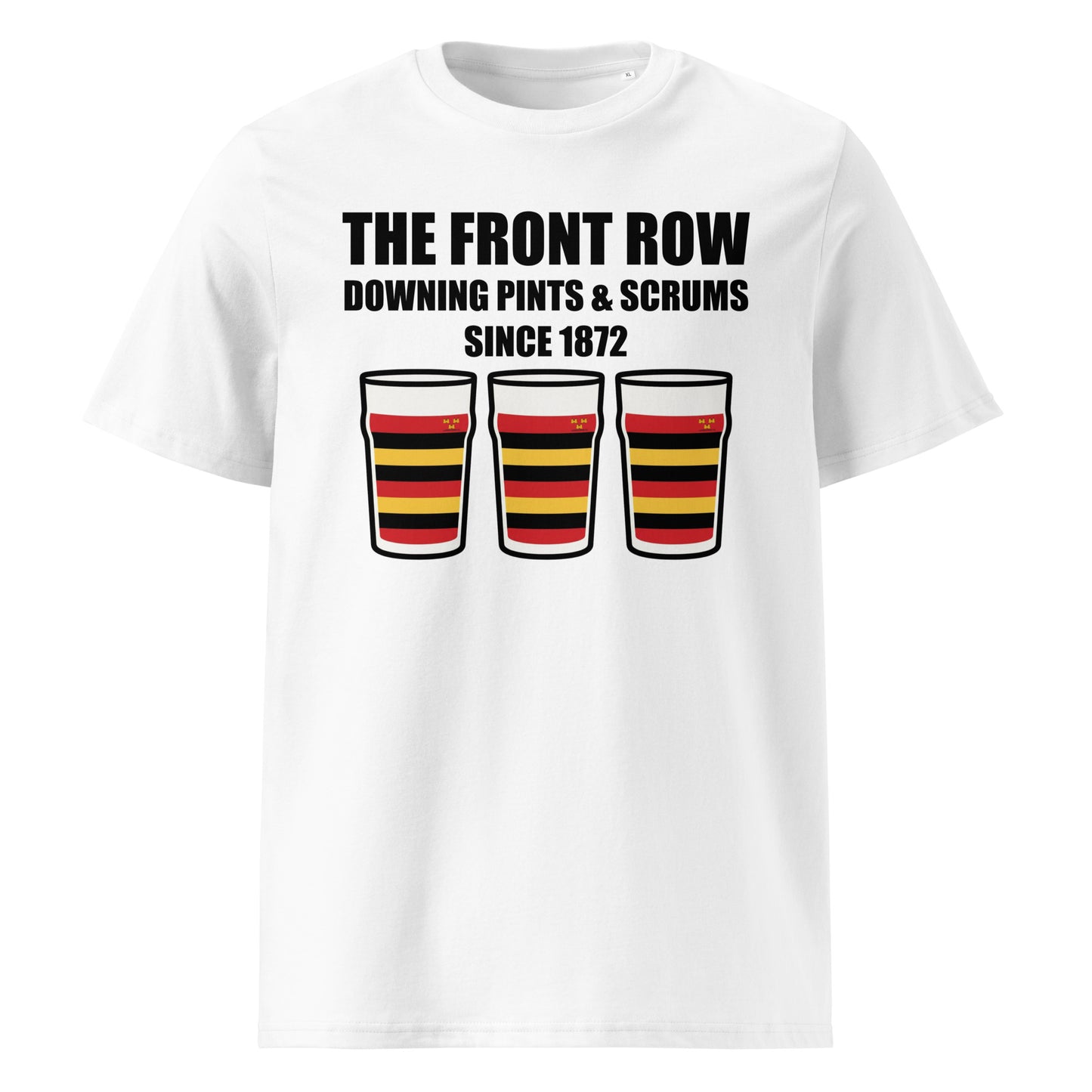 Front view of a white Lansdowne rugby t-shirt featuring 3 pint glasses and a slogan that reads THE FRONT ROW DOWNING PINTS & SCRUMS SINCE 1872