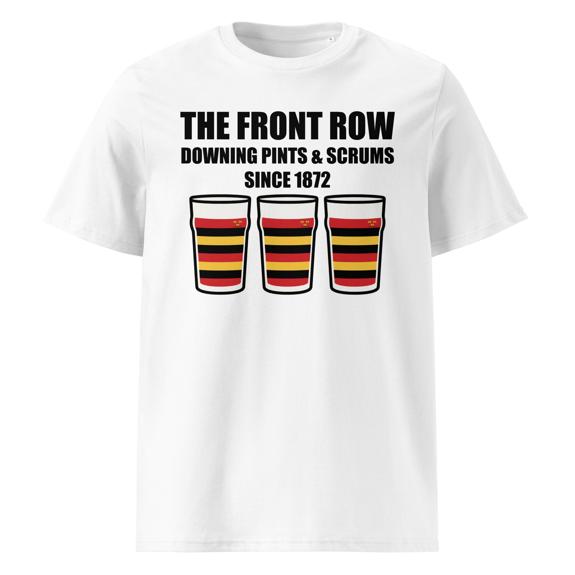 Front view of a white Lansdowne rugby t-shirt featuring 3 pint glasses and a slogan that reads THE FRONT ROW DOWNING PINTS & SCRUMS SINCE 1872