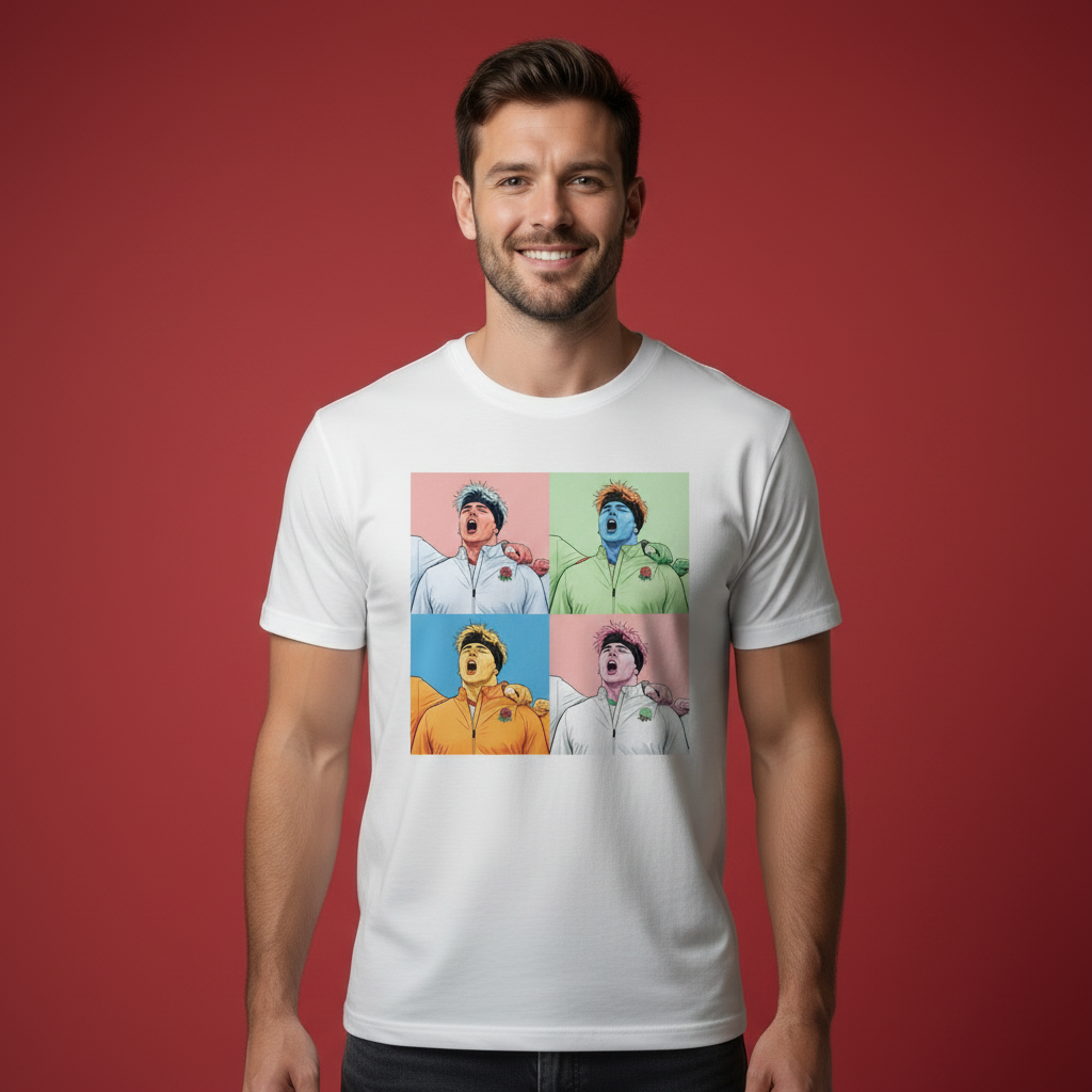 Front view of a white rugby t-shirt featuring Henry Pollock being modelled by an England fan on a red background