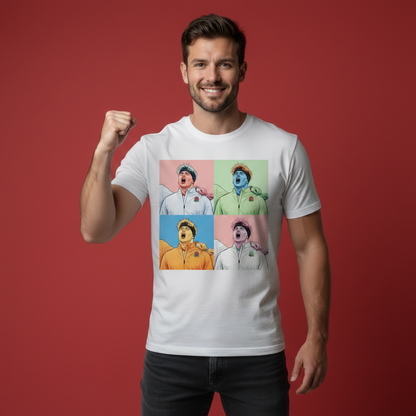 Front view of a white rugby t-shirt featuring Henry Pollock being modelled by an England fan with his right fist raised on a red background