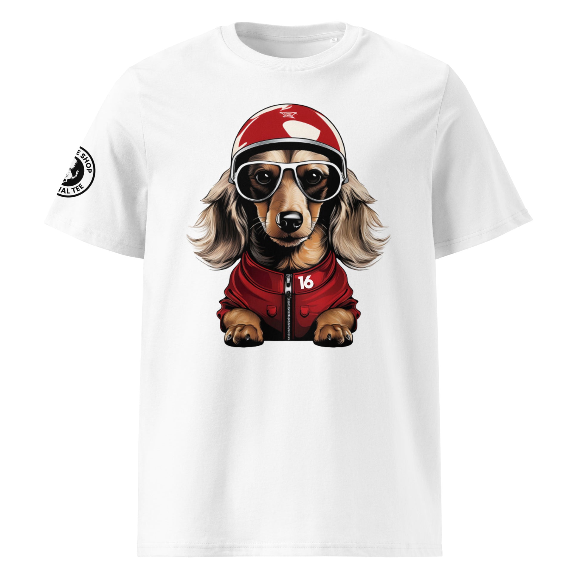 A super clean print of Leo Leclerc Charles Leclerc's dog is on this white cotton shirt. Leo is wearing a red racing helmet and suit and some very cool white shades. The uniform is finished off with his dads number 16 in white on the collar.