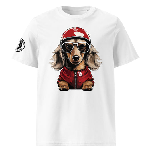 A super clean print of Leo Leclerc Charles Leclerc's dog is on this white cotton shirt. Leo is wearing a red racing helmet and suit and some very cool white shades. The uniform is finished off with his dads number 16 in white on the collar.