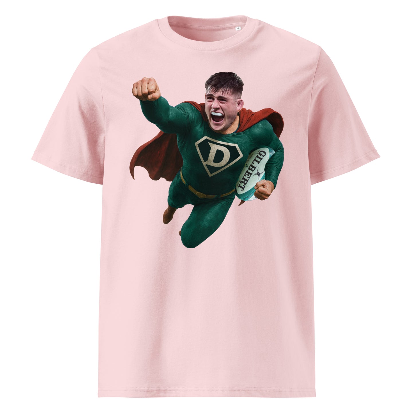 Pink rugby t-shirt featuring Dan Sheehan Ireland's rugby hero in a Superman outfit.