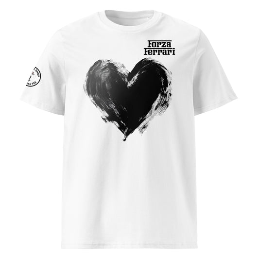 White t-shirt with a black heart and Forza Ferrari in black distinct lettering. Perfect for Ferrari fans for f1 in 2025.