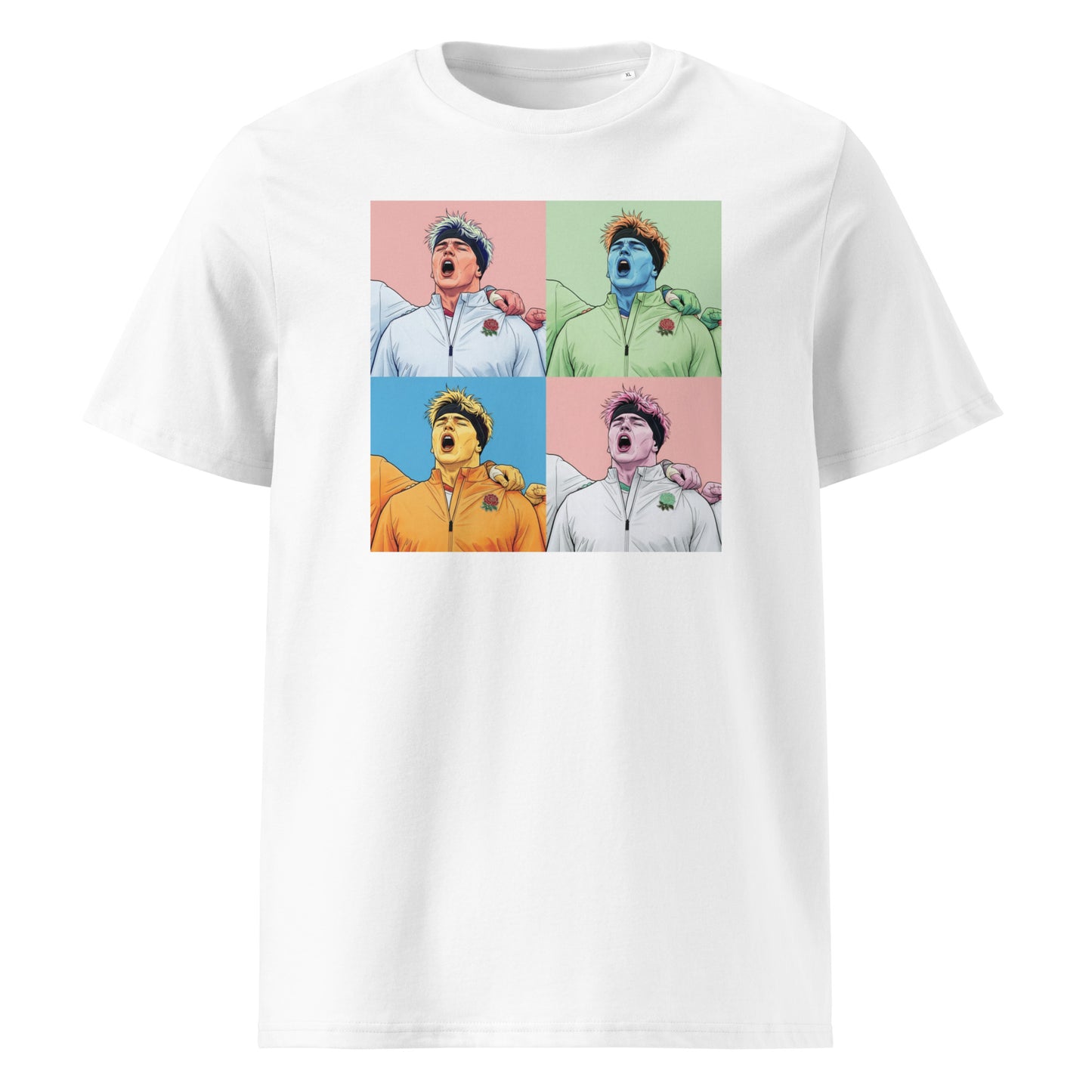Front view of the Henry Pollock rugby t-shirt featuring a 4 panel pop art graphic
