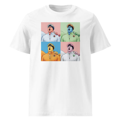 Front view of the Henry Pollock rugby t-shirt featuring a 4 panel pop art graphic
