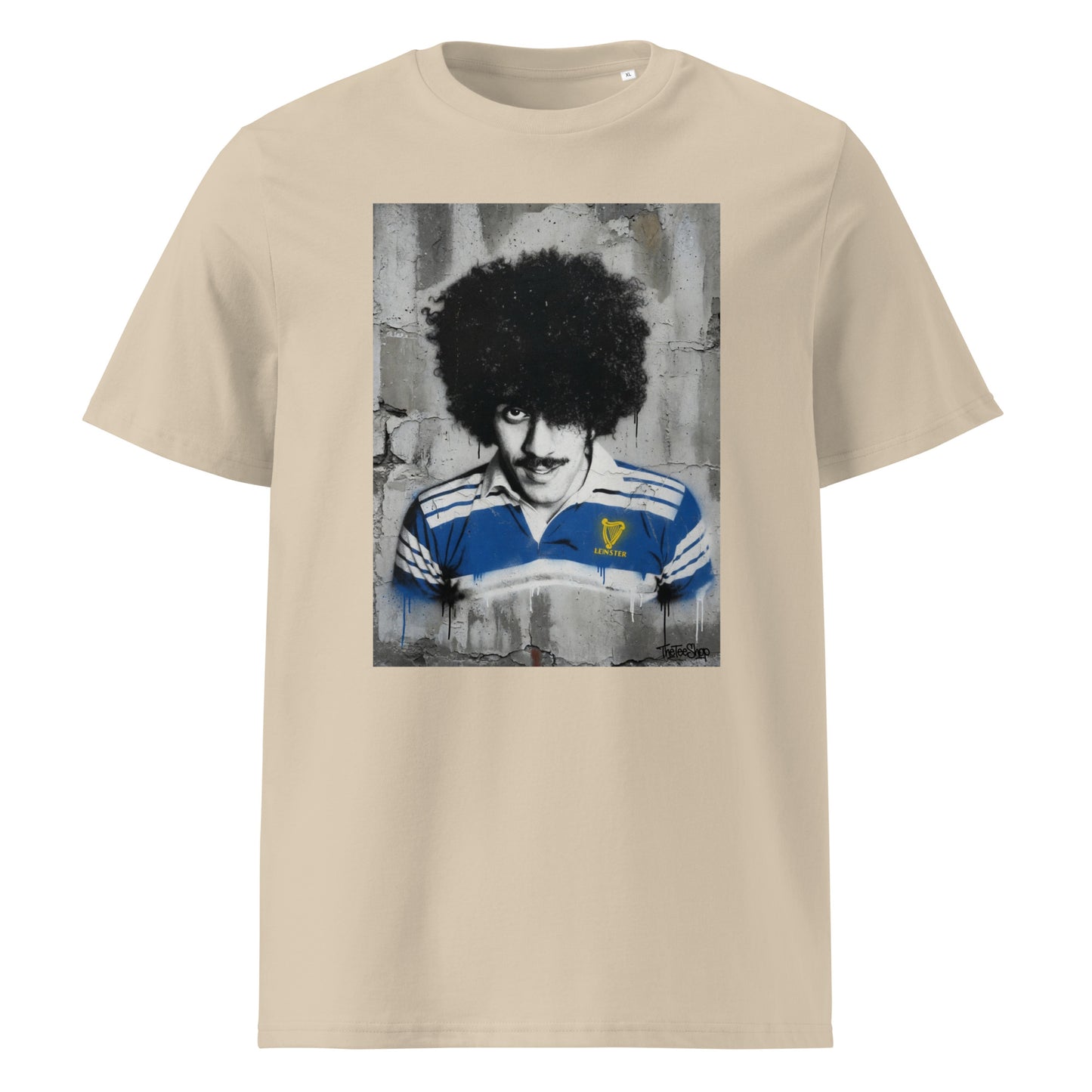 Front view of the Leinster Legends Bassline Rebel rugby desert dust t-shirt featuring Phil Lynott in a retro Leinster rugby jersey.