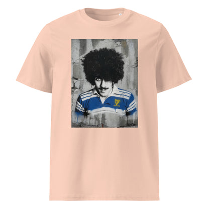 Front view of the Leinster Legends Bassline Rebel rugby fraiche peche t-shirt featuring Phil Lynott in a retro Leinster rugby jersey.