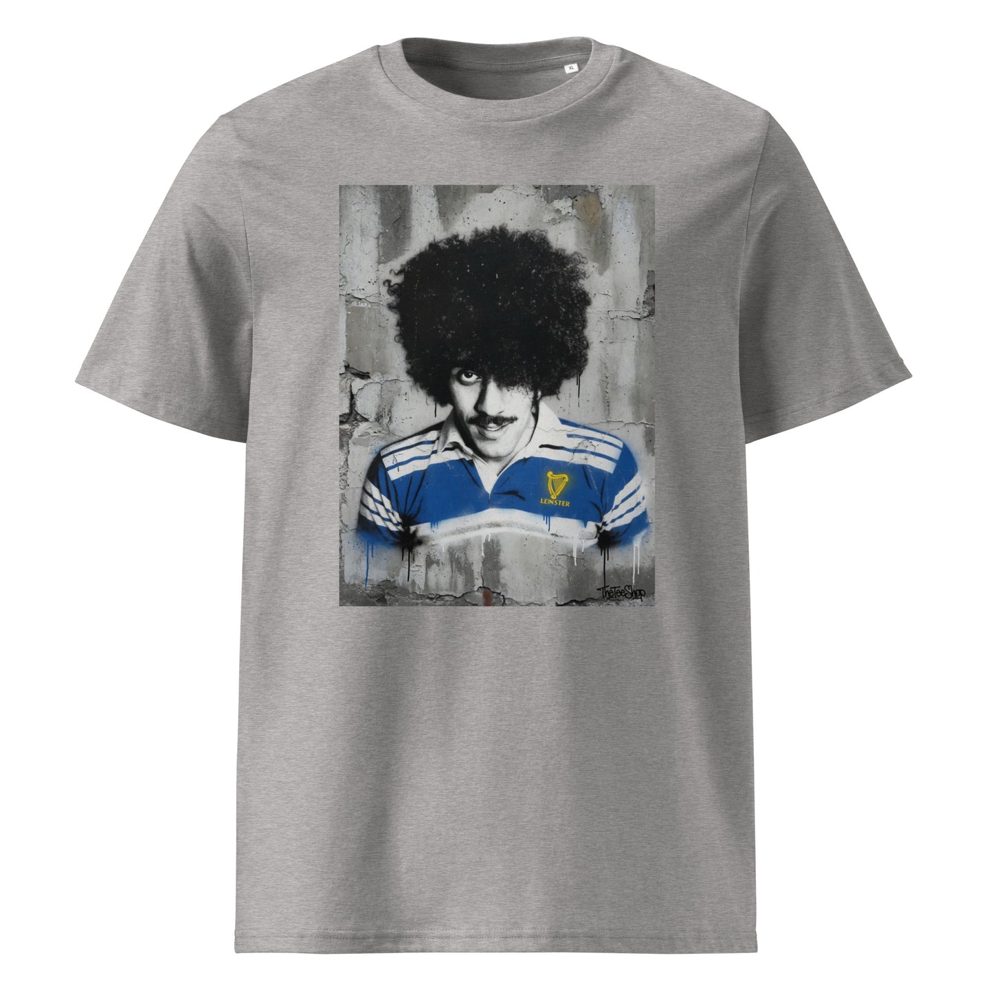 Front view of the Leinster Legends Bassline Rebel rugby heather-grey t-shirt featuring Phil Lynott in a retro Leinster rugby jersey.