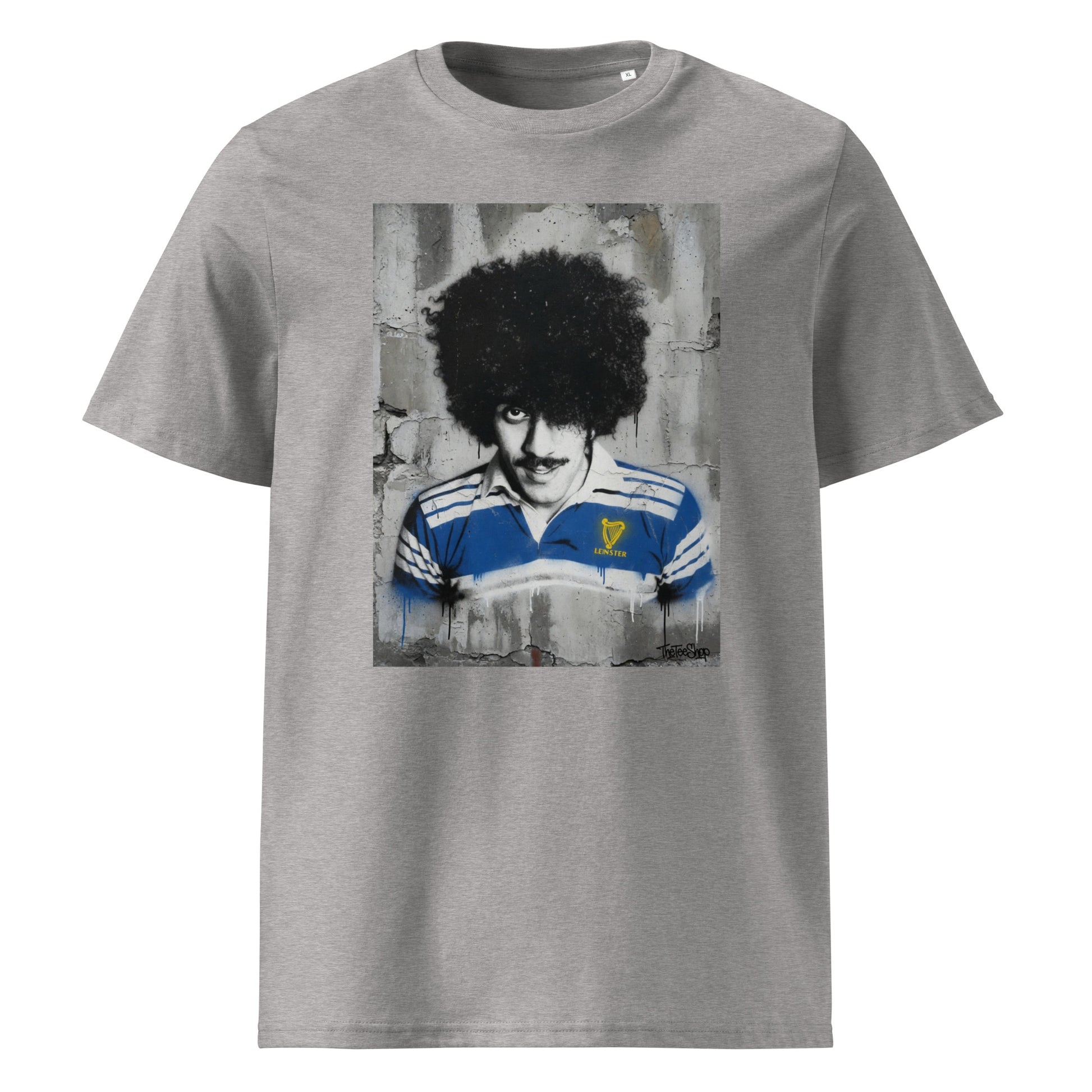 Front view of the Leinster Legends Bassline Rebel rugby heather-grey t-shirt featuring Phil Lynott in a retro Leinster rugby jersey.