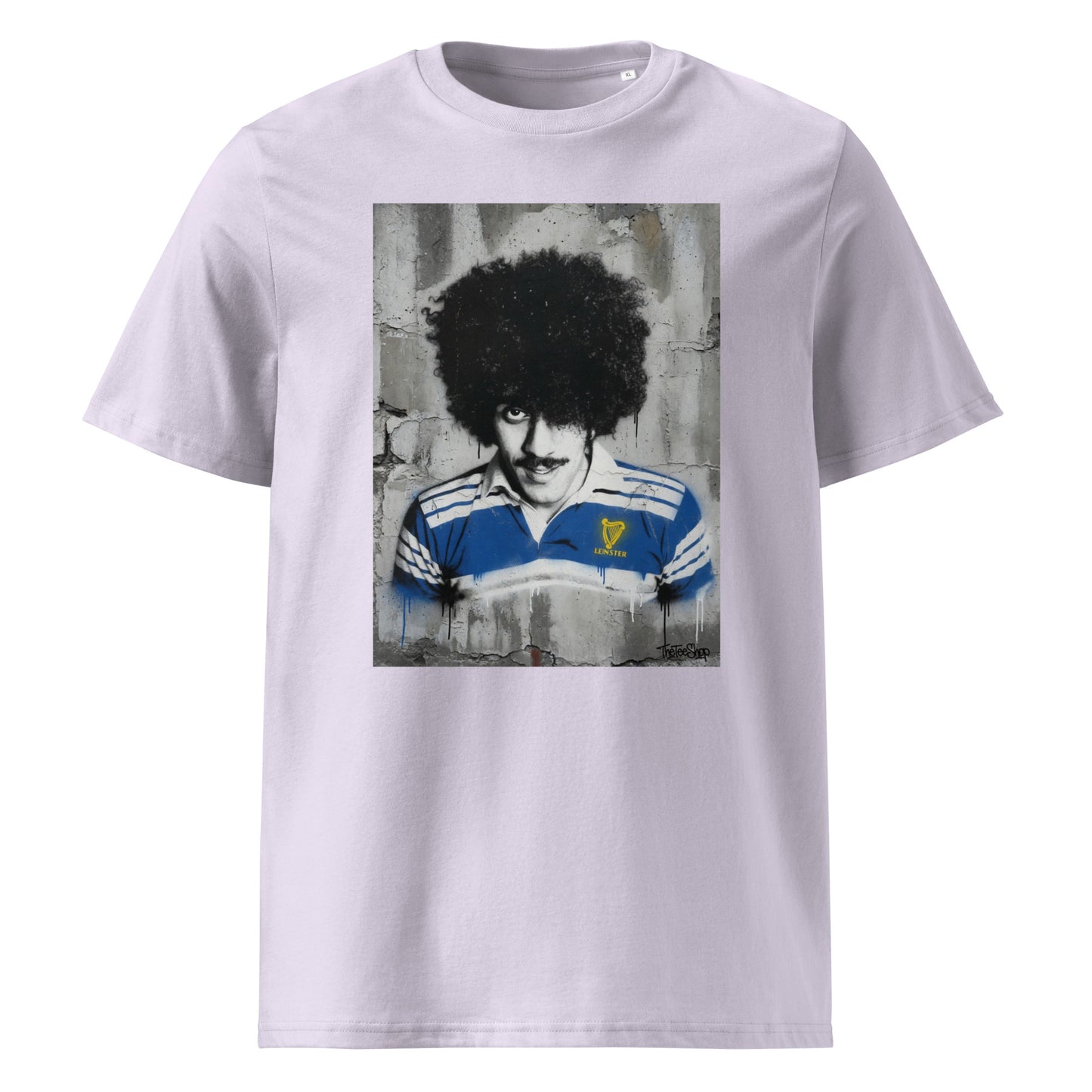 Front view of the Leinster Legends Bassline Rebel rugby lavender t-shirt featuring Phil Lynott in a retro Leinster rugby jersey.