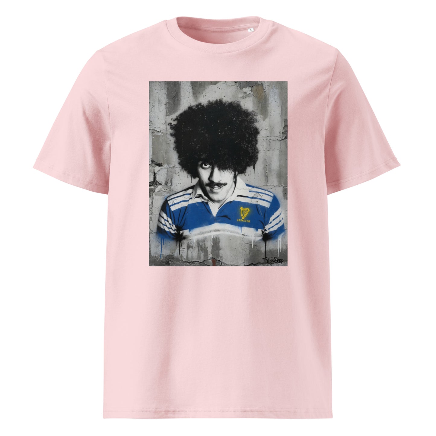 Front view of the Leinster Legends Bassline Rebel rugby pink t-shirt featuring Phil Lynott in a retro Leinster rugby jersey.
