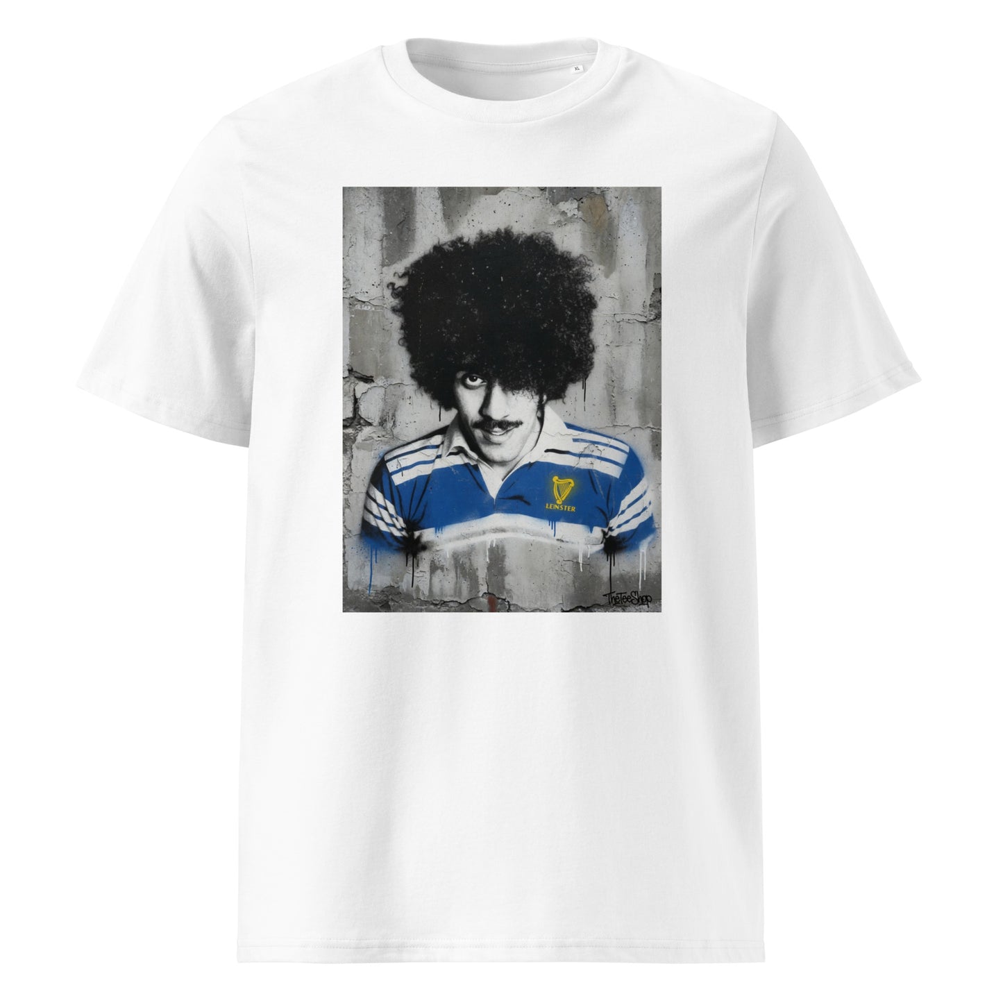 Front view of the Leinster Legends Bassline Rebel rugby white t-shirt featuring Phil Lynott in a retro Leinster rugby jersey.
