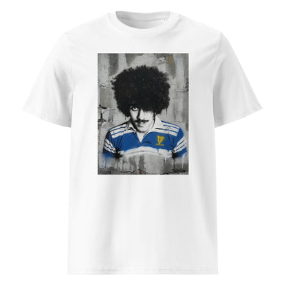 Front view of the Leinster Legends Bassline Rebel rugby white t-shirt featuring Phil Lynott in a retro Leinster rugby jersey.