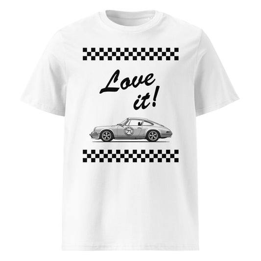 White unisex organic cotton t-shirt with a classic Porsche 911 car illustration, chequered flag stripes, and “Love it!” text. TheTeeShop exclusive.