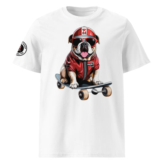 Front view of the Roscoe Skateboarding Dog white T-shirt