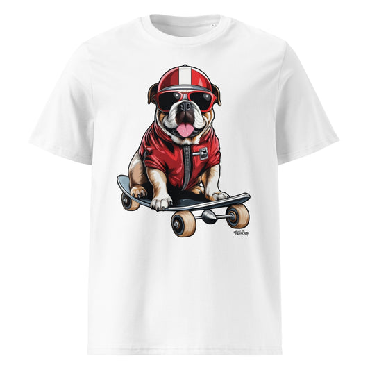 Front view of the Roscoe Skateboarding Dog white T-shirt
