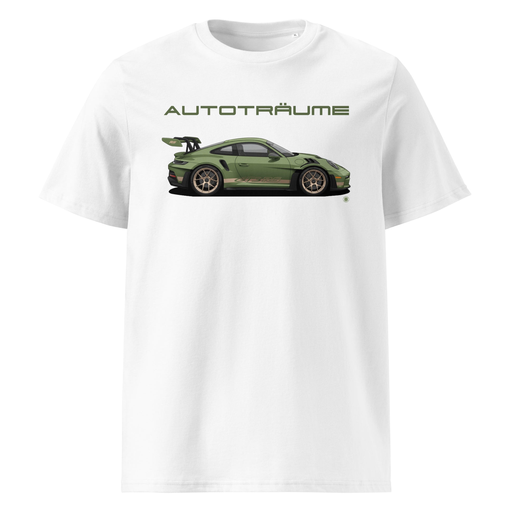 White unisex organic cotton t-shirt with olive green Porsche GT3 RS illustration and “AUTOTRÄUME” text. TheTeeShop Porsche Collection exclusive.