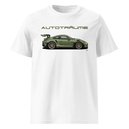 White unisex organic cotton t-shirt with olive green Porsche GT3 RS illustration and “AUTOTRÄUME” text. TheTeeShop Porsche Collection exclusive.