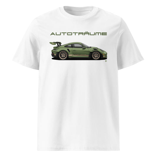 White unisex organic cotton t-shirt with olive green Porsche GT3 RS illustration and “AUTOTRÄUME” text. TheTeeShop Porsche Collection exclusive.