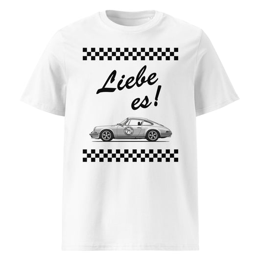 White unisex organic cotton t-shirt with a classic Porsche 911 car illustration, chequered flag stripes, and “Liebe es!” German text. TheTeeShop exclusive.