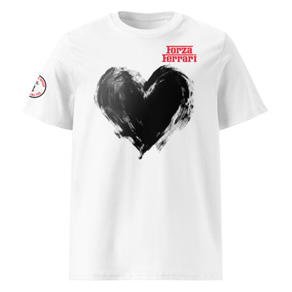 Front shot of this exciting design for 2025 featuring a black heart and Forza Ferrari in red. This shirt ,ideal for both men and women, will turn heads